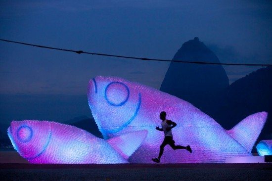 plastic bottle fish sculptures at night