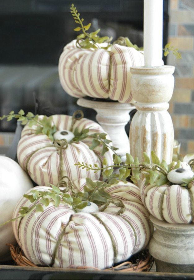 Fabric pumpkins with cabinet knob