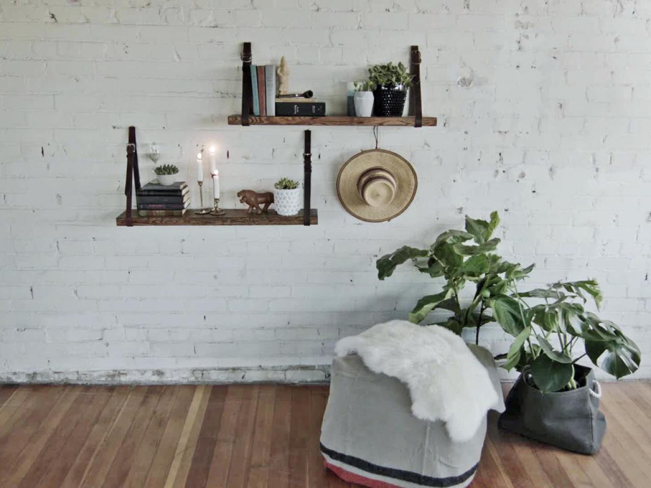 floating shelves with leather belts